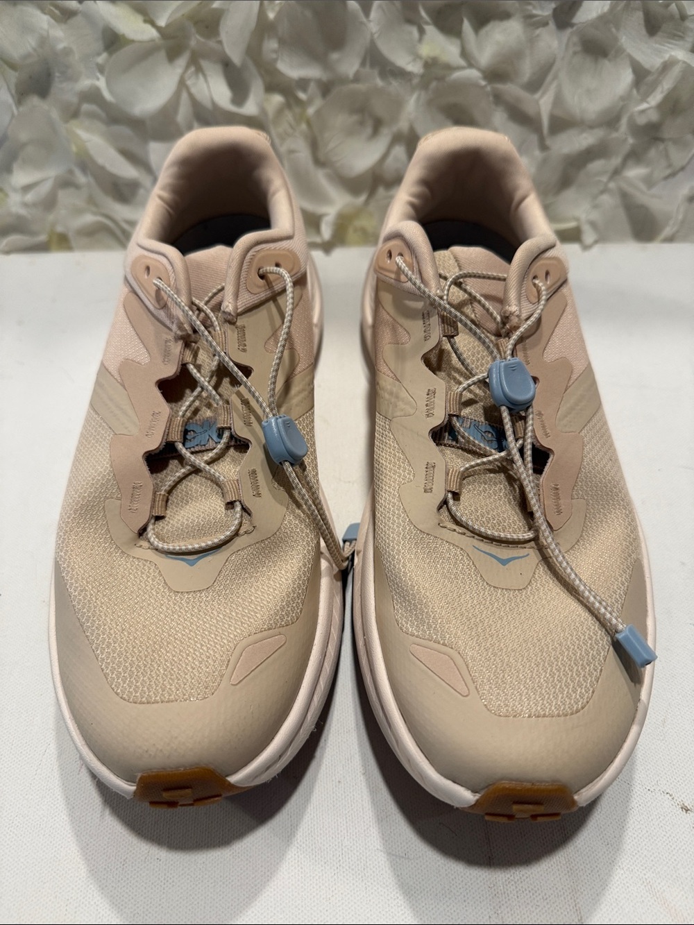 Hoka One One Blush Pink Sneakers with Blue Accents